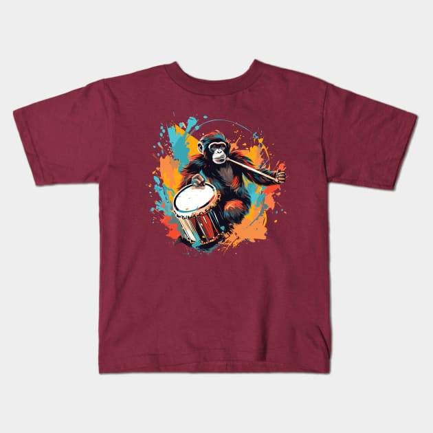 Monkey Playing Drums Kids T-Shirt by Graceful Designs